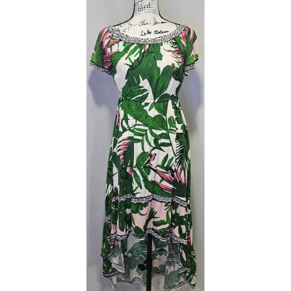 Flying Tomato Dress Tropical Print Off Shoulder Ruffle Hi-Lo Hem Midi Size Large - Picture 4 of 11